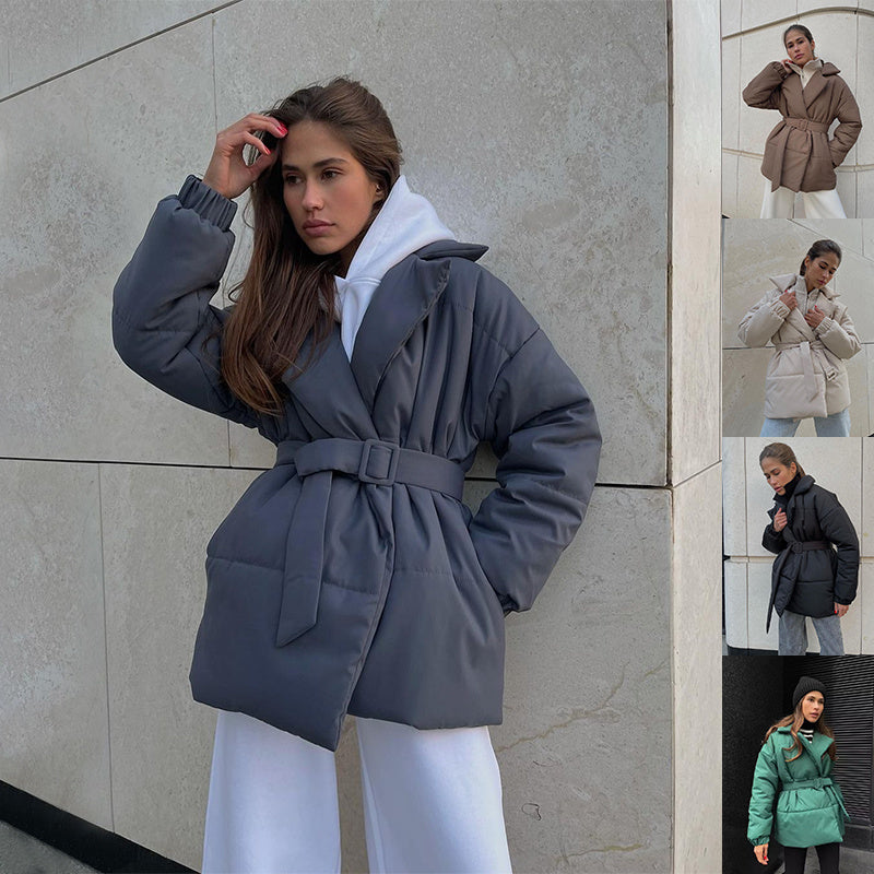 Manteau d'hiver en coton à revers taille haute pour femme