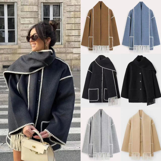 Manteau en laine épais avec écharpe pour femme