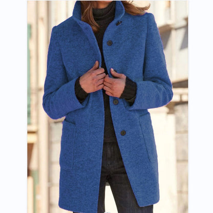 Manteau de laine à col montant avec poches automne hiver, vêtements décontractés pour femmes