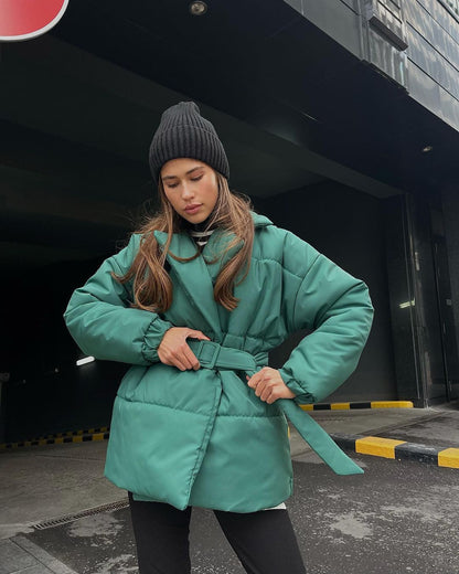 Manteau d'hiver en coton à revers taille haute pour femme