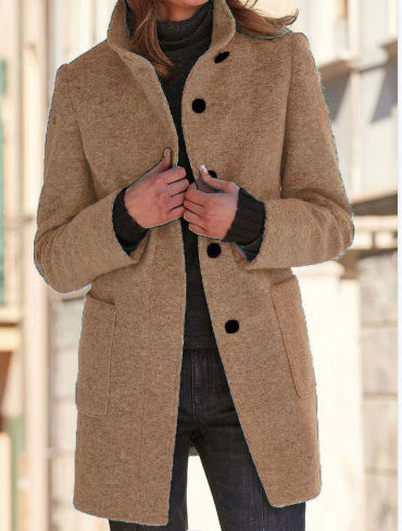 Manteau de laine à col montant avec poches automne hiver, vêtements décontractés pour femmes