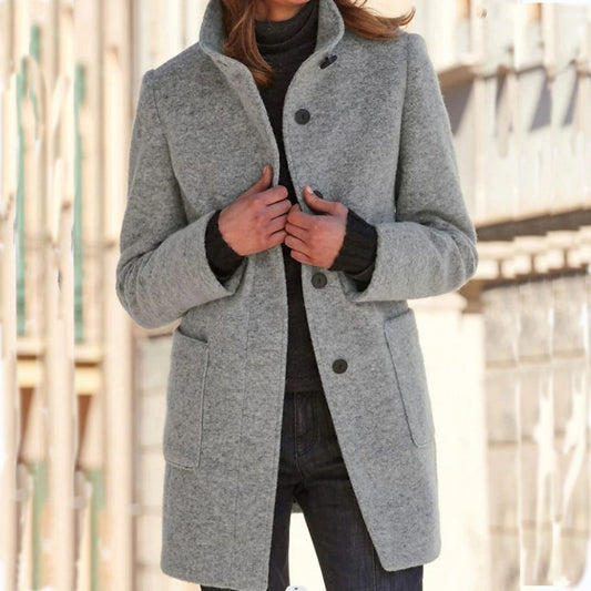 Manteau de laine à col montant avec poches automne hiver, vêtements décontractés pour femmes