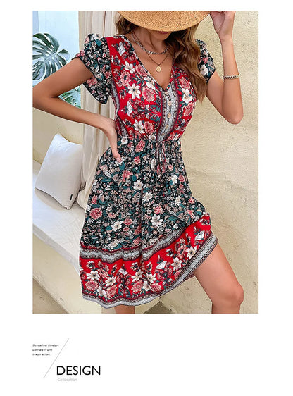 Robe mi-longue à imprimé floral vert pour femme