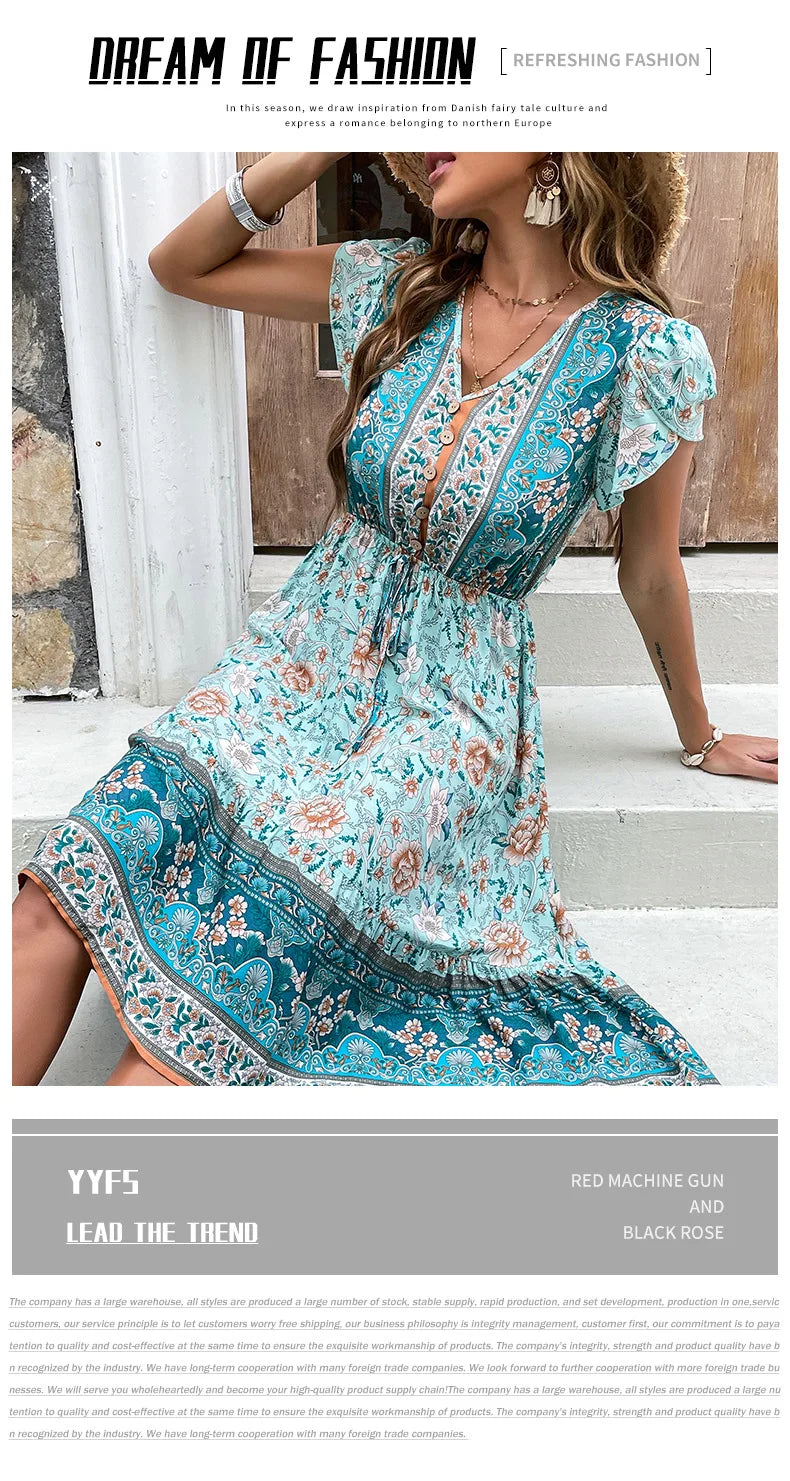 Robe mi-longue à imprimé floral vert pour femme