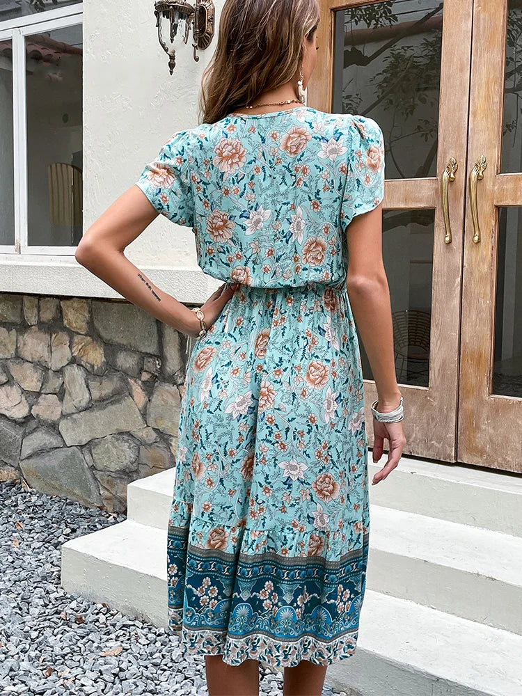 Robe mi-longue à imprimé floral vert pour femme