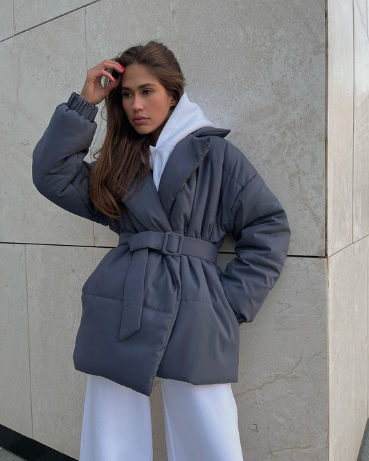 Manteau d'hiver en coton à revers taille haute pour femme