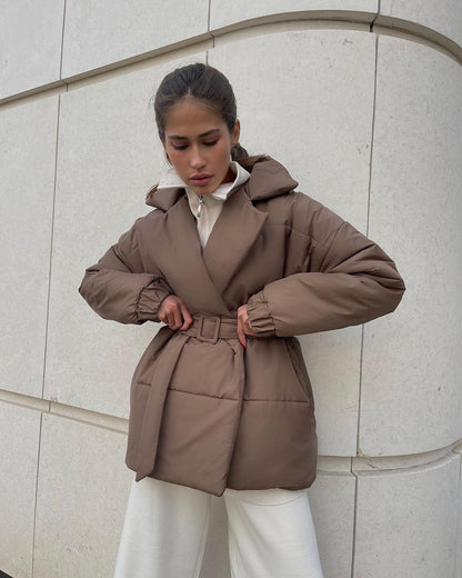 Manteau d'hiver en coton à revers taille haute pour femme