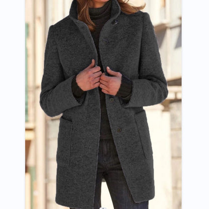 Manteau de laine à col montant avec poches automne hiver, vêtements décontractés pour femmes