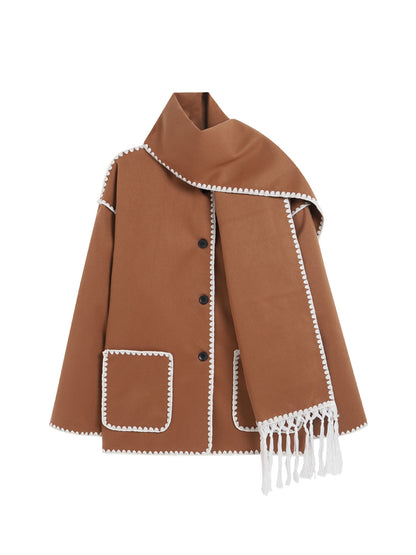 Manteau en laine épais avec écharpe pour femme