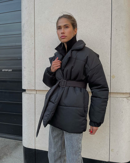 Manteau d'hiver en coton à revers taille haute pour femme