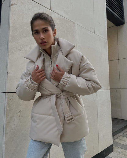 Manteau d'hiver en coton à revers taille haute pour femme