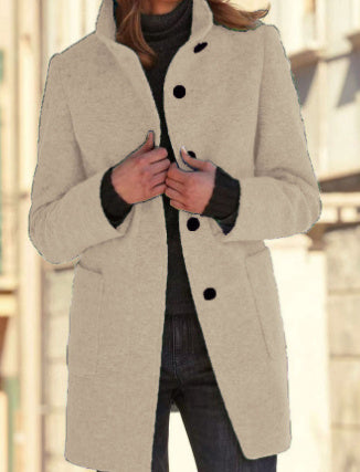 Manteau de laine à col montant avec poches automne hiver, vêtements décontractés pour femmes