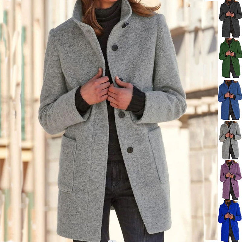 Manteau de laine à col montant avec poches automne hiver, vêtements décontractés pour femmes