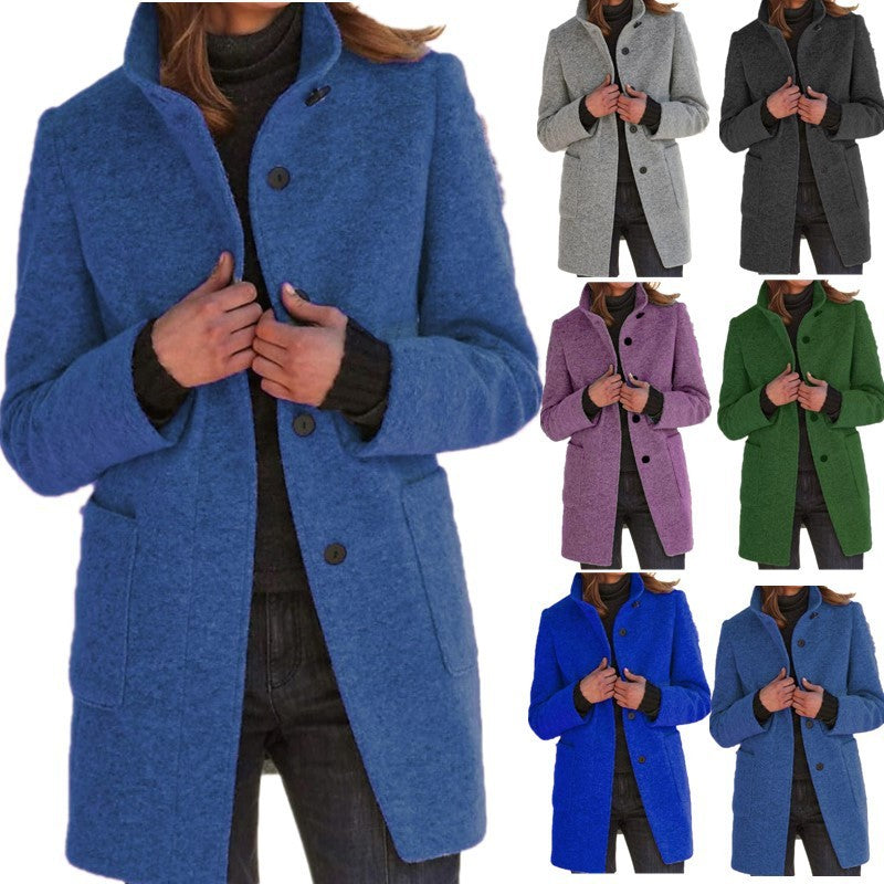 Manteau de laine à col montant avec poches automne hiver, vêtements décontractés pour femmes